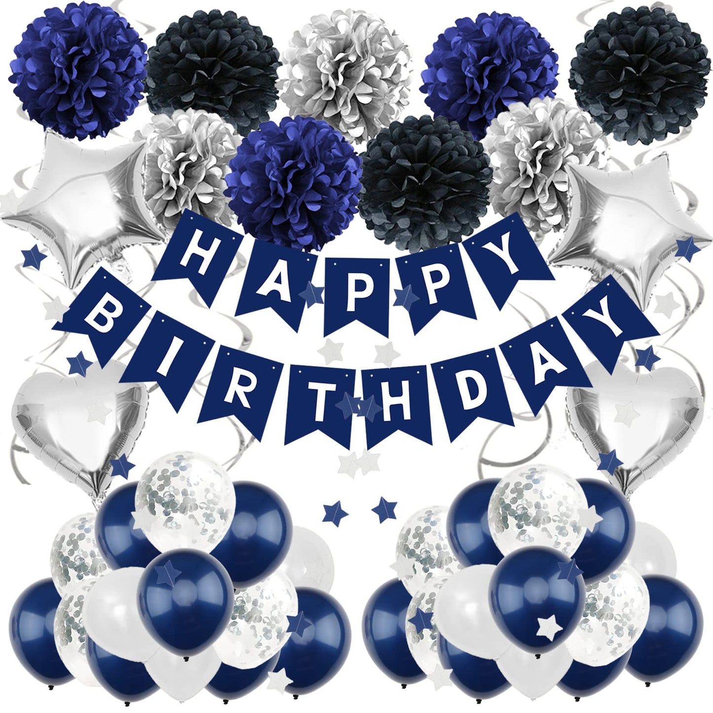 Zerodeco Birthday Decorations For Men, Navy Blue Birthday Party Decorations Happy Birthday Banner Pompoms Balloon For Boys Girls