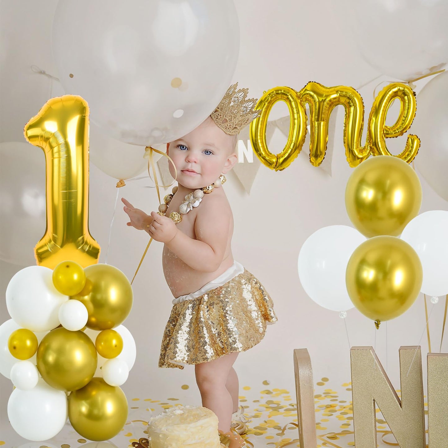Toniful 27 Pcs 1St Birthday Balloons Set,40 Inch Gold Number 1 Balloon Gold One Letter Foil Balloon White Metallic Gold Balloons