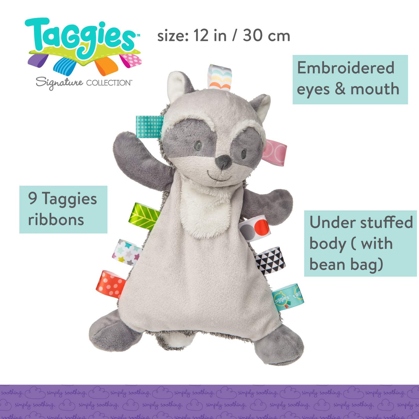 Mary Meyer Taggies Soft Toy - Harley Raccoon Lovey, 12" Silicone Plush, 1 Count, Gray