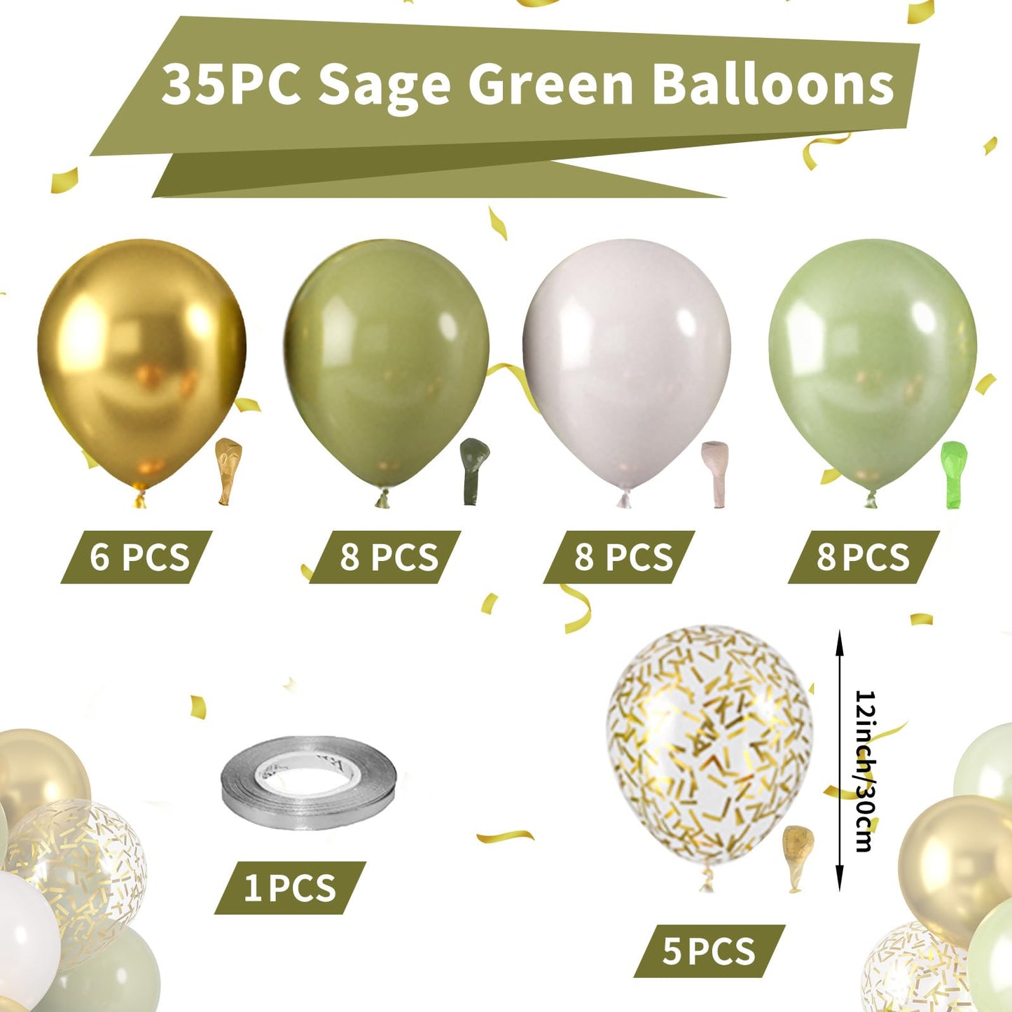 Sage Green Balloons, Sage Balloons Retro White Pearl Light Green Balloons, White Sand Gold Balloons Gold Confetti Balloons For B