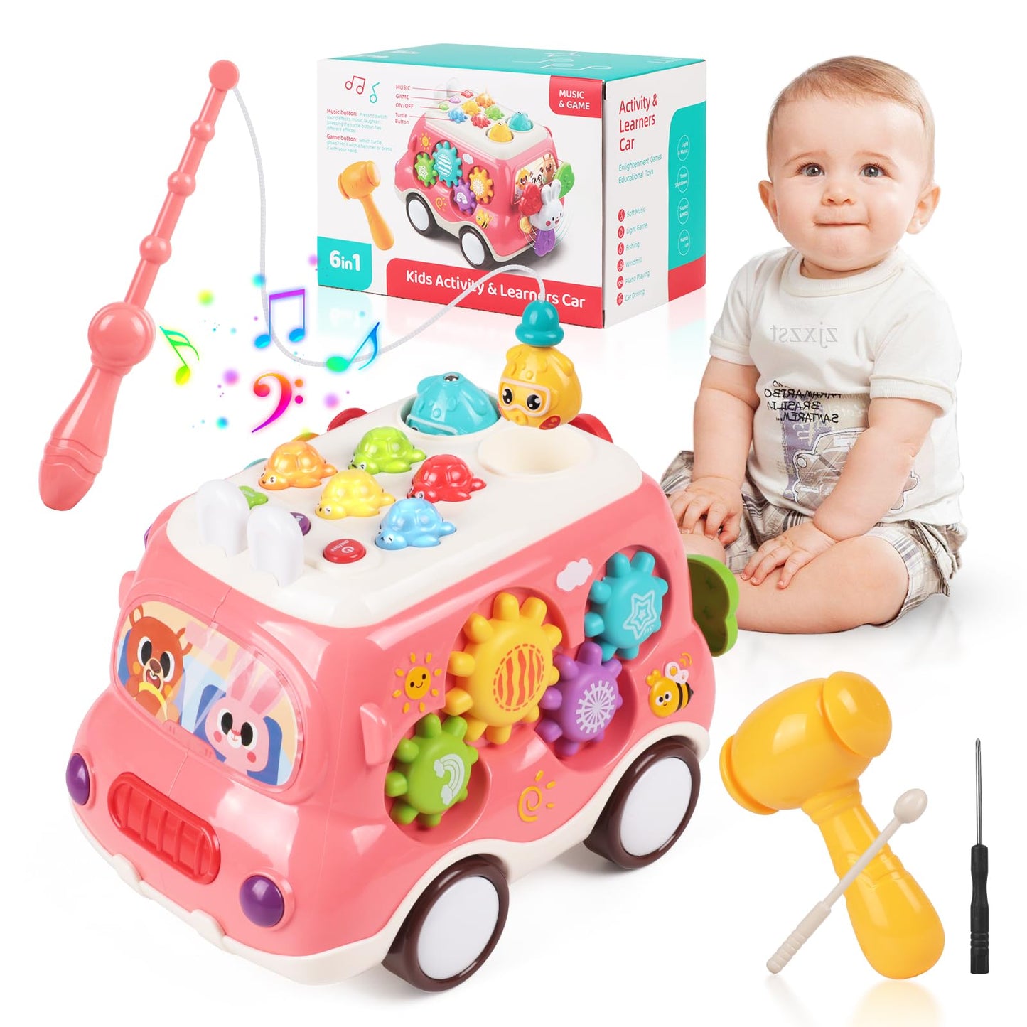 Krseub Baby Bus Montessori Musical Toy For 1~3 Years Toddlers With Sound & Light, With Xylophone/Hammering/Fishing Game & Windmi