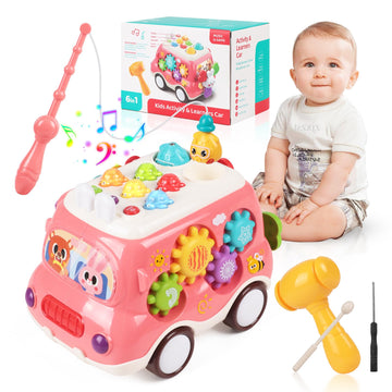 Krseub Baby Bus Montessori Musical Toy For 1~3 Years Toddlers With Sound & Light, With Xylophone/Hammering/Fishing Game & Windmi