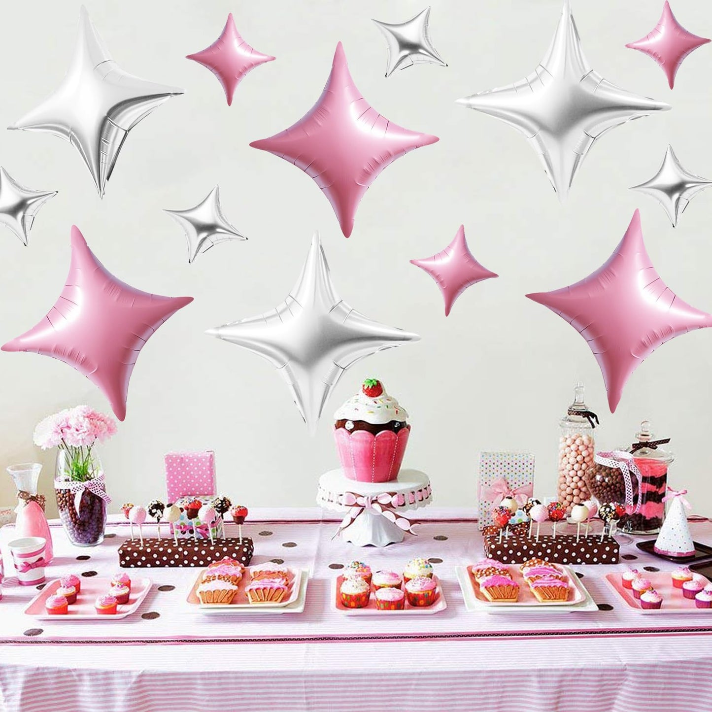 TONIFUL 30Pcs 26In&10In Star Balloons Pink and Silver Four Pointed Star Shape Foil Balloons Mini Star Mylar Balloons for Birthda