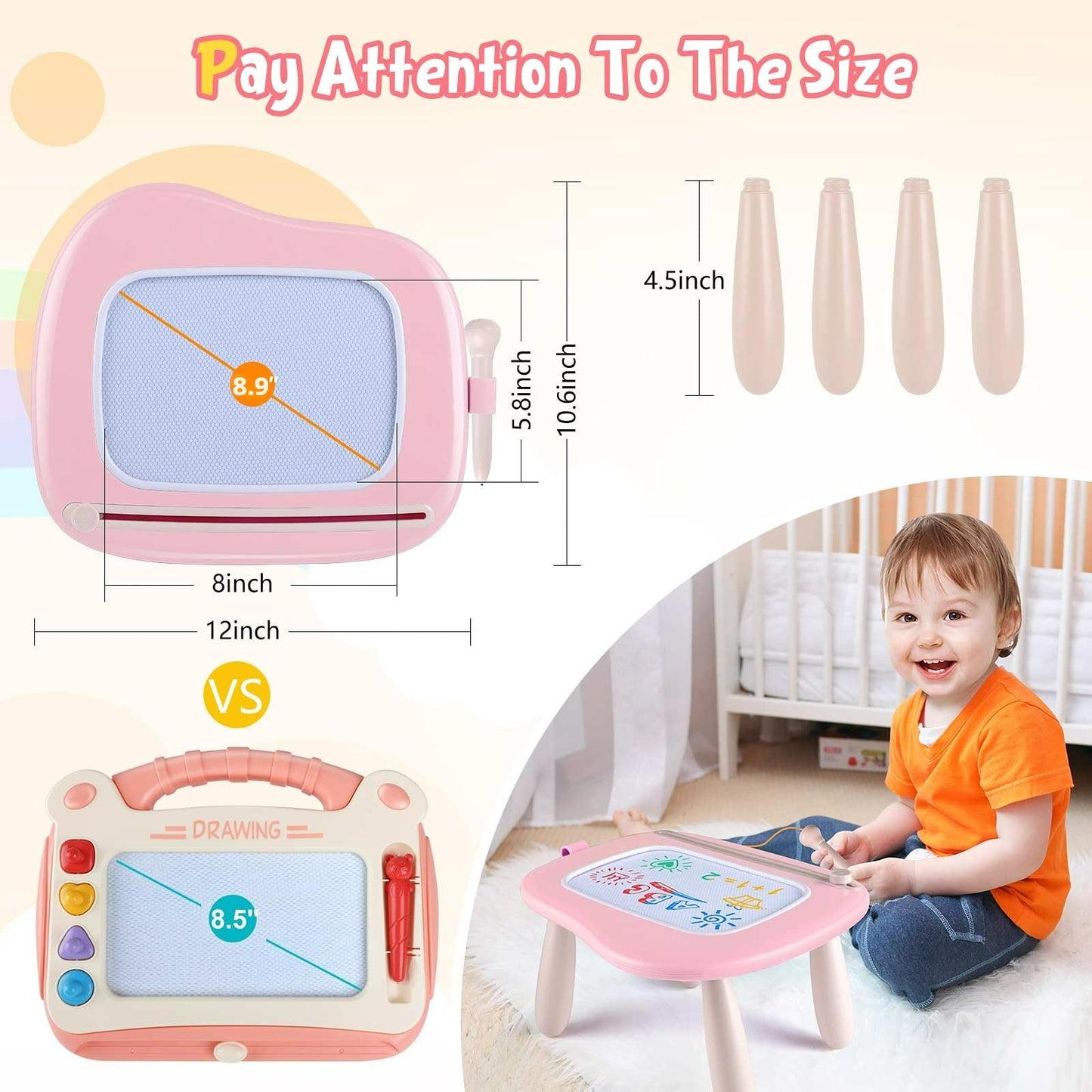 Smasiagon Magnetic Drawing Doodle Board for Toddlers, Educational Toy for Ages 1-3, Baby Pink, ABS, Model GQHB-01