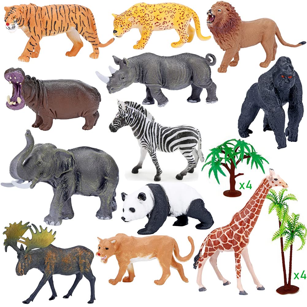 Bolzra Safari Animals Figurines Toys With Activity Play Mat & Trees, Realistic Plastic Jungle Wild Zoo Animals Figures Playset With Elephant, Giraffe, Lion, Gorilla For Kids, Boys & Girls, 22 Piece
