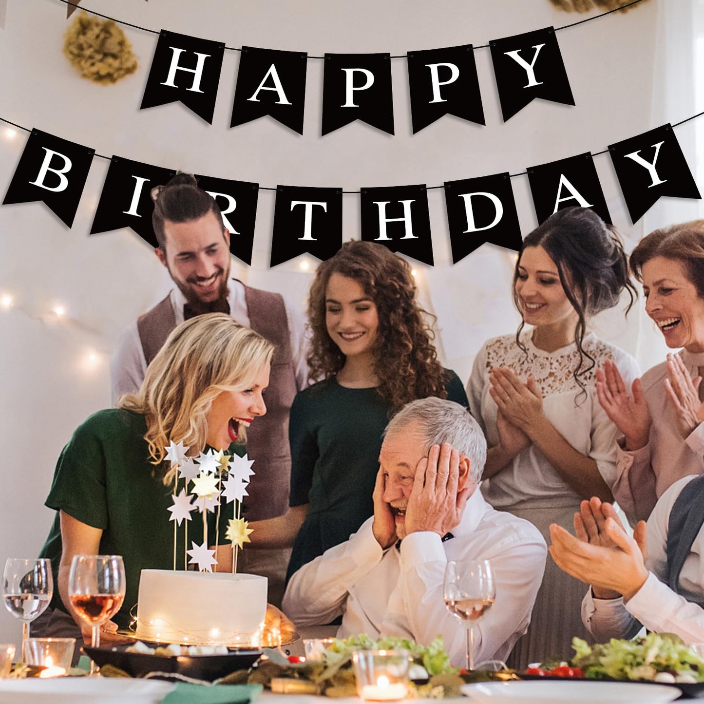Hooqict Black Happy Birthday Banner Sign For Backdrop Black Birthday Decorations For Men Women Party Supplies Wall Door Banner Garland Bunting Flag