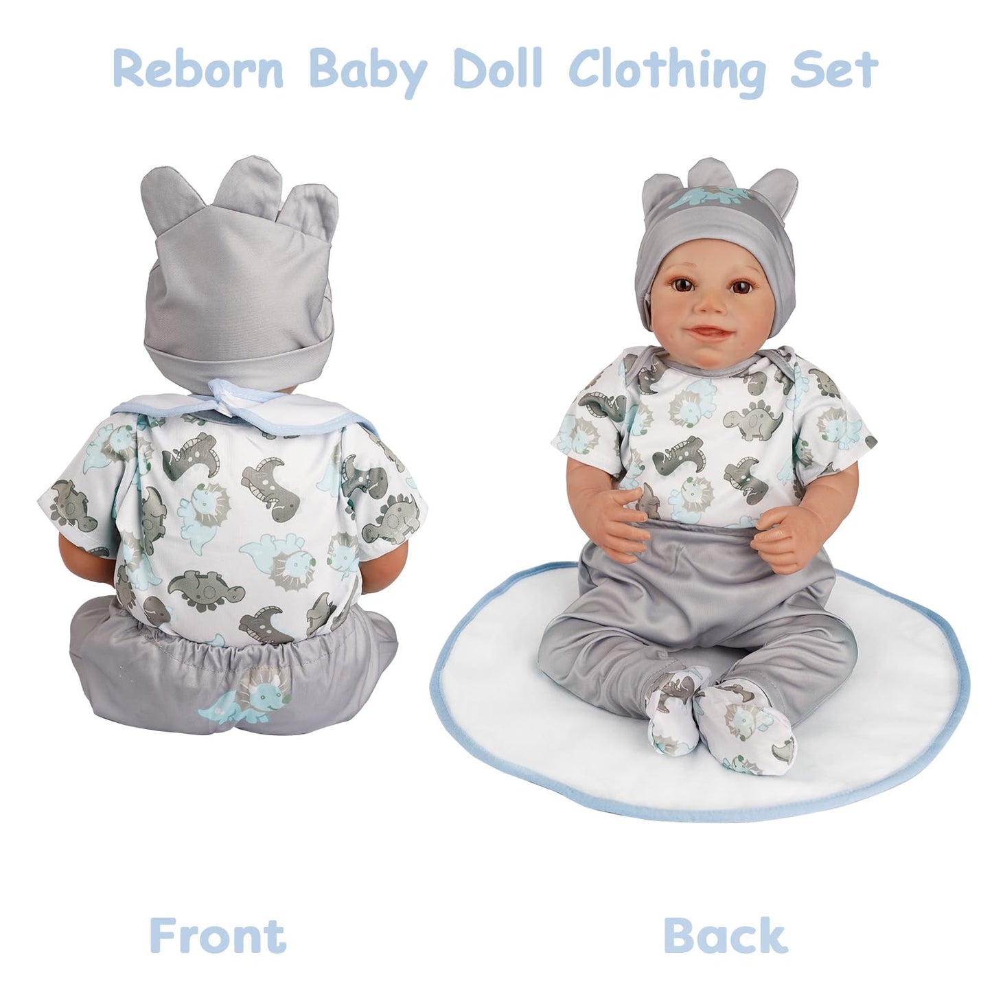 BABESIDE 6-Piece Reborn Baby Doll Clothes Set for 17-22 Inch Dolls - Dinosaur Outfit with Hat  Bib  Socks for Boy or Girl Dolls