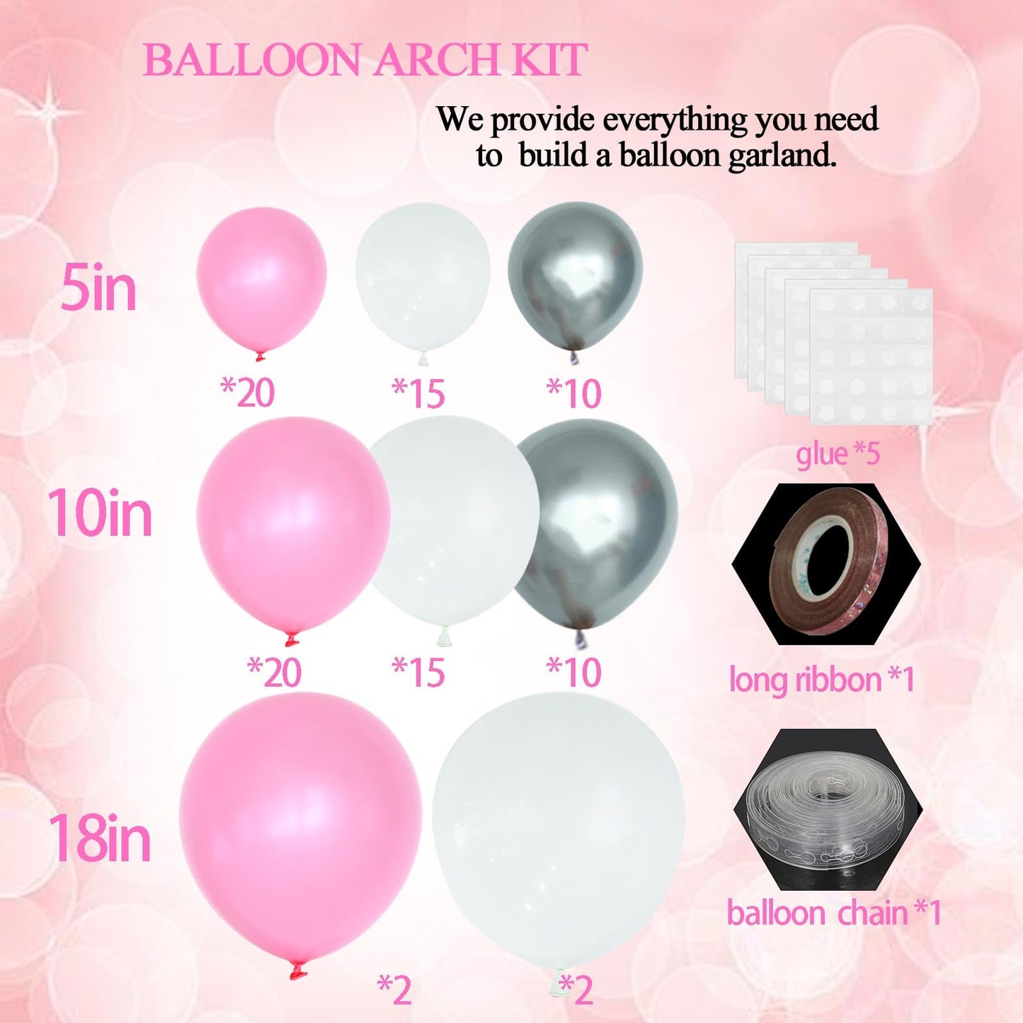 Felice Arts Birthday Baby Shower Balloon Arch Pink And White Different Size Balloons Garland Kit Latex Balloons Silver Chrome Balloons For Wedding Bridal Baby Shower Party Decoration