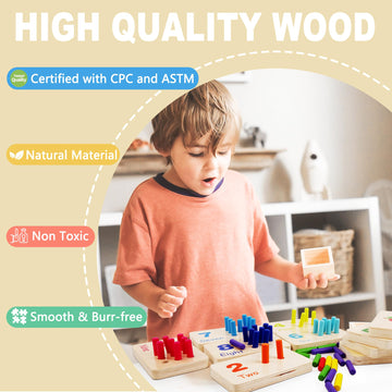 BEWITU Wooden Number Counting Peg Board - Montessori Math Counters for Kids 3-5 Years, Rainbow Colors, Medium Size Learning Toy