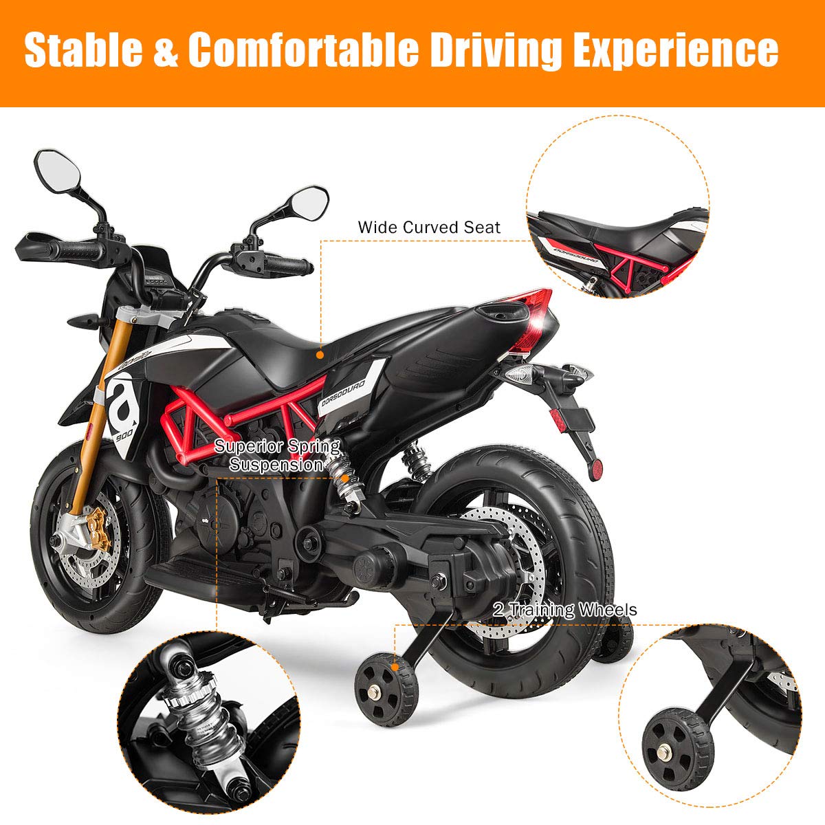 Costzon 12V Kids Motorcycle, Licensed Aprilia Electric Motorcycle Ride On Toy W/Training Wheels, Spring Suspension, Led Lights, Sounds & Music, Mp3, Battery Powered Dirt Bike For Boys & Girls, Black