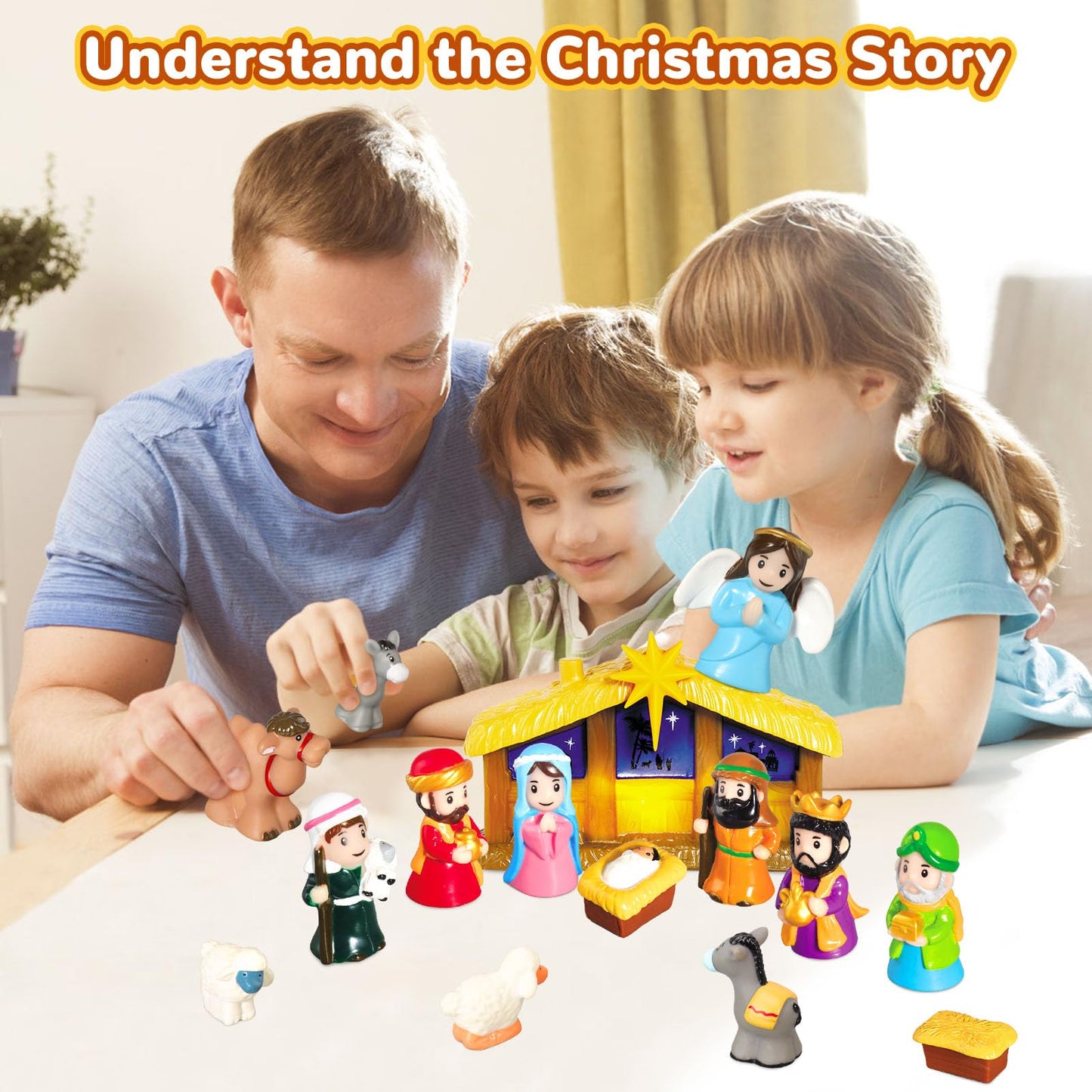 Hotfun Lighted Nativity Set For Kids, Christmas Story Nativity Playset Figures, 17 Pcs Childrens Nativity Set With Baby Jesus Ma