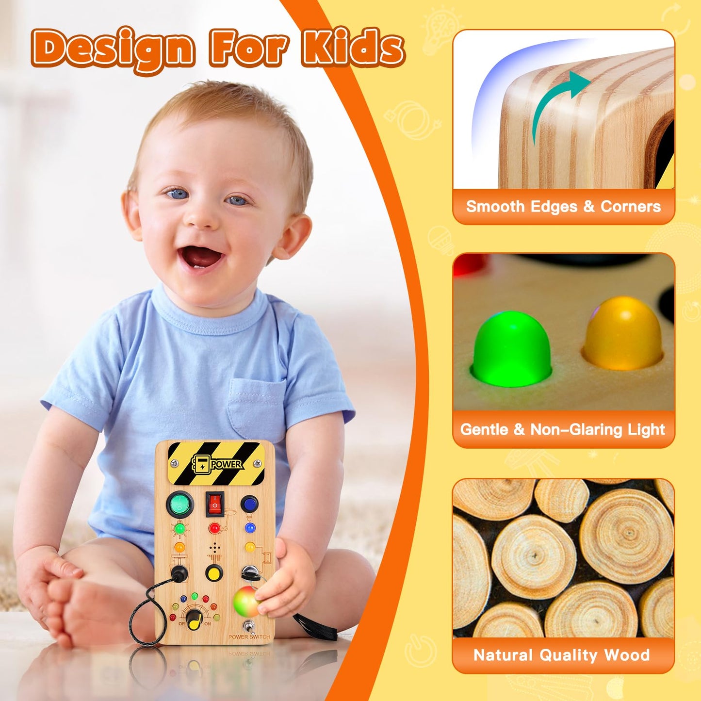 Tintecusa Busy Board Montessori Toys For Toddler, Wooden Sensory Board Switch Toy With Color-Changing Led Light Up Travel Toys E