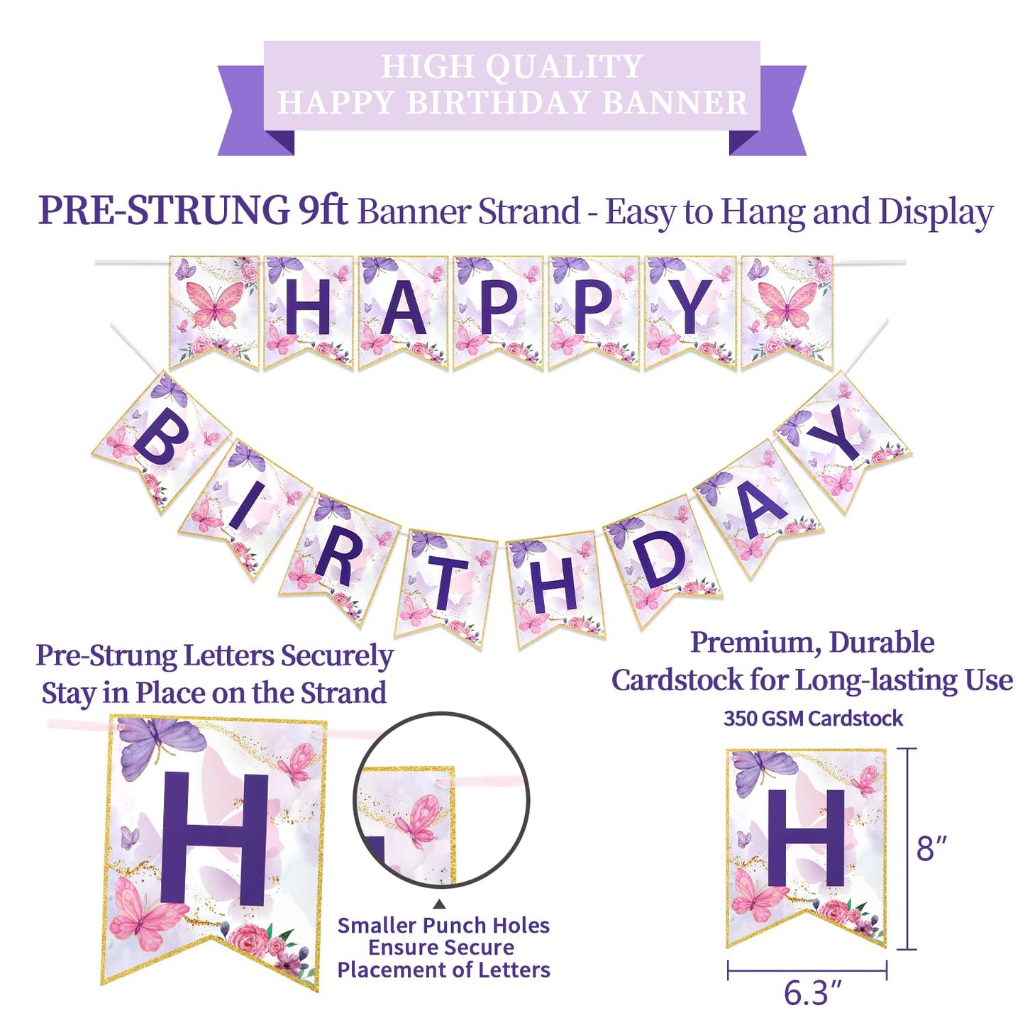 LITAUS, Birthday Decorations, NO DIY - Pack of 19 | Butterfly Happy Birthday Banner, Honeycomb Balls, Swirls, Garland | Happy Bi