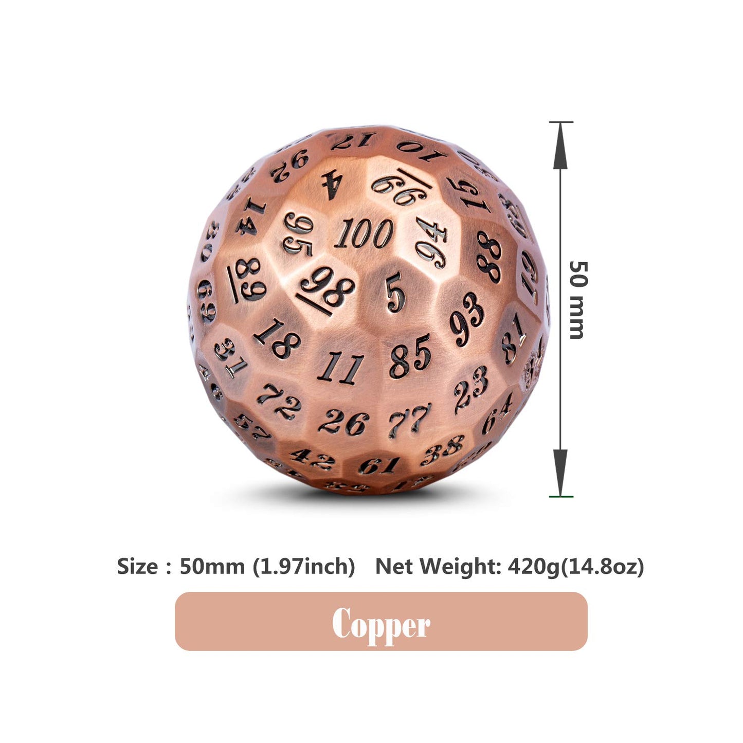 DNDND Metal D100 Dice 50mm Single 100 Sided Polyhedral Dice with Metal Case and Velvet Pouch(Copper with Black Number)