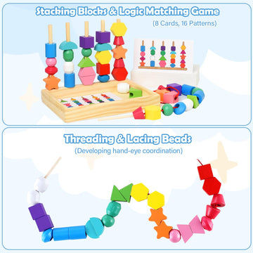 Montessori Bead Sequencing Set For Kids, Wooden Lacing Beads Toys For Toddlers, Matching Color Shape Stacker For 2 3 4 5 Years O