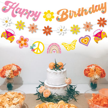 Zwiebeco Hippie Boho Birthday Party Decoration Supplies-Hippie Boho Happy Birthday Sign Banner Daisy Garland Bunting Banner Hang