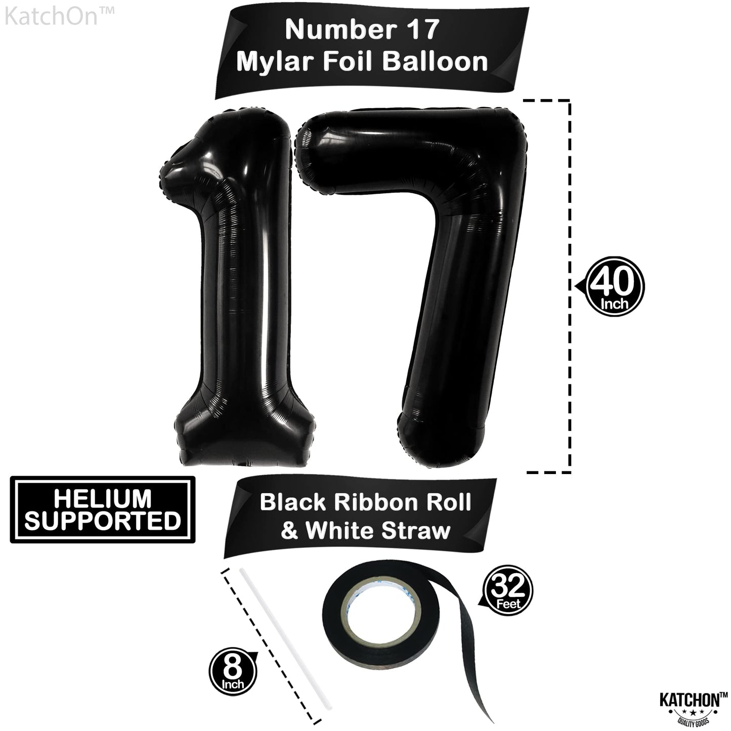 Katchon, Giant Black 17 Balloon Numbers - 40 Inch | Happy 17Th Birthday Decorations, 17 Birthday Balloons | Number 17 Balloons For Happy Birthday Decorations | 17 Number Balloons