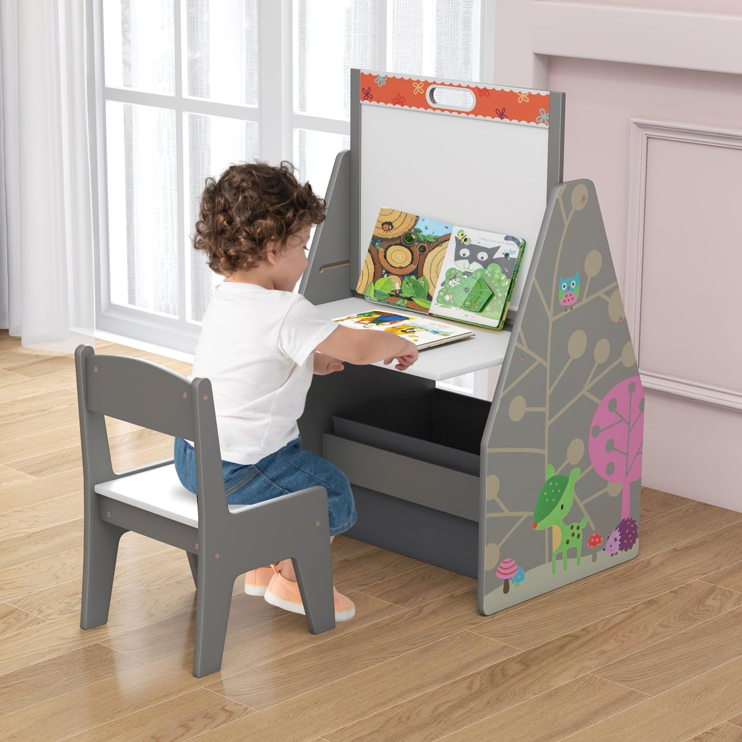 Costzon 3 in 1 Kids Easel with Chair, Wooden Art Table with Adjustable Double-Sided Magnetic Whiteboard & Blackboard, Bookshelf,