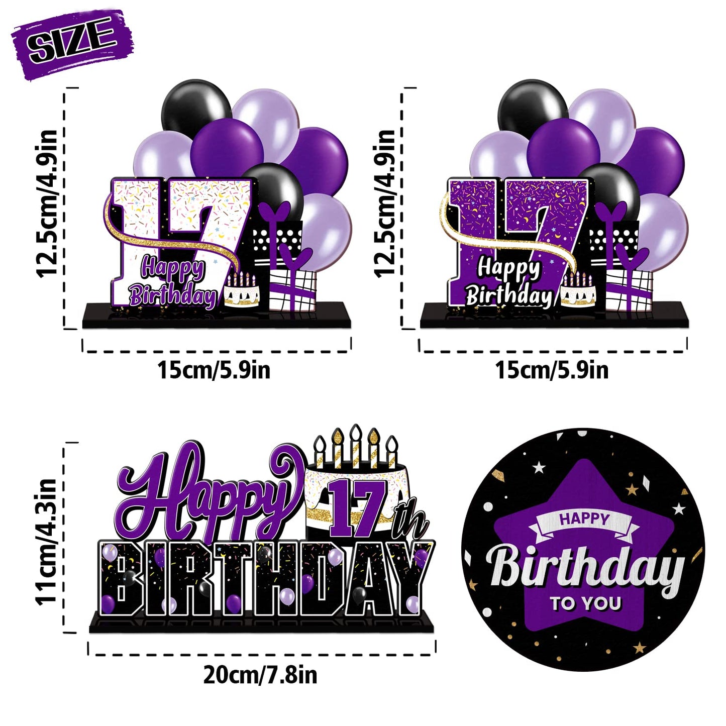Lingteer Happy 17Th Birthday Purple Acrylic Table Topper Centerpieces Set - Cheers To Seventeen Years Old Birthday 17Th Bday Party Gift Decorations.