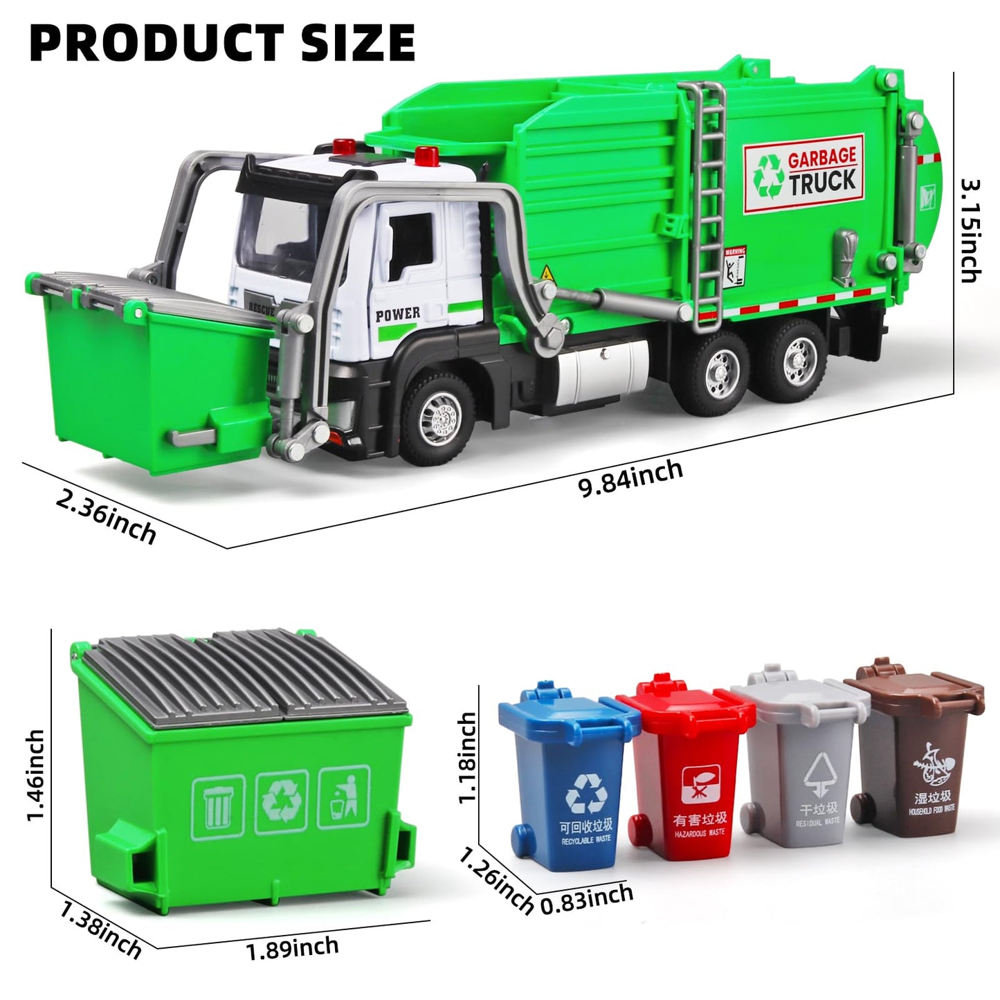 OANMYJJO Garbage Truck Toys for Kids,Garbage Truck Metal Diecast Cab,Pull Back Garbage Truck Toy with Lights and Sounds,Recyclin