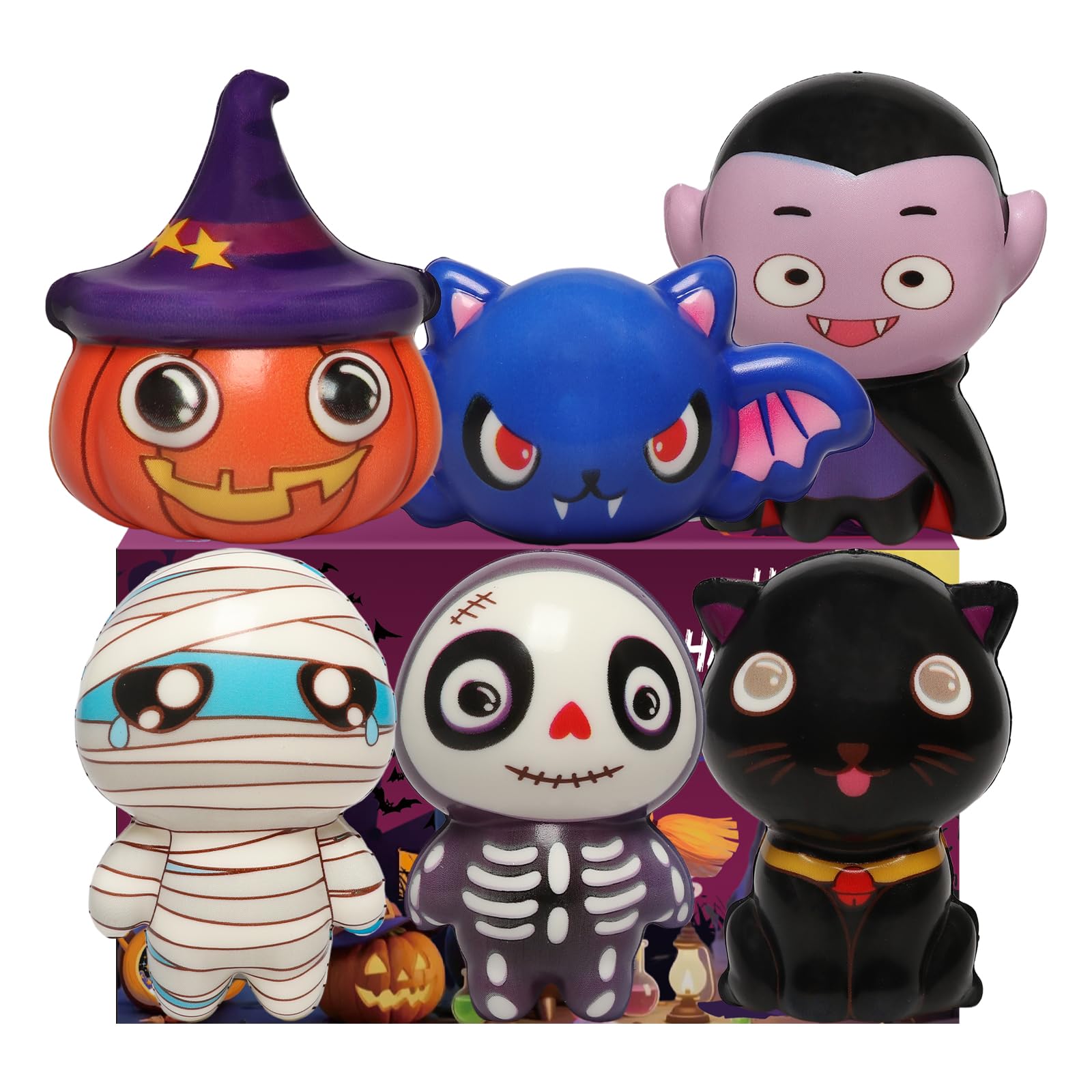FauKait New 6 Packs-Halloween Squishies Toys Slow Rising, Gift Box Includes Pumpkin, Vampire,Black Cat,Mummy,Human Skeleton, Bat