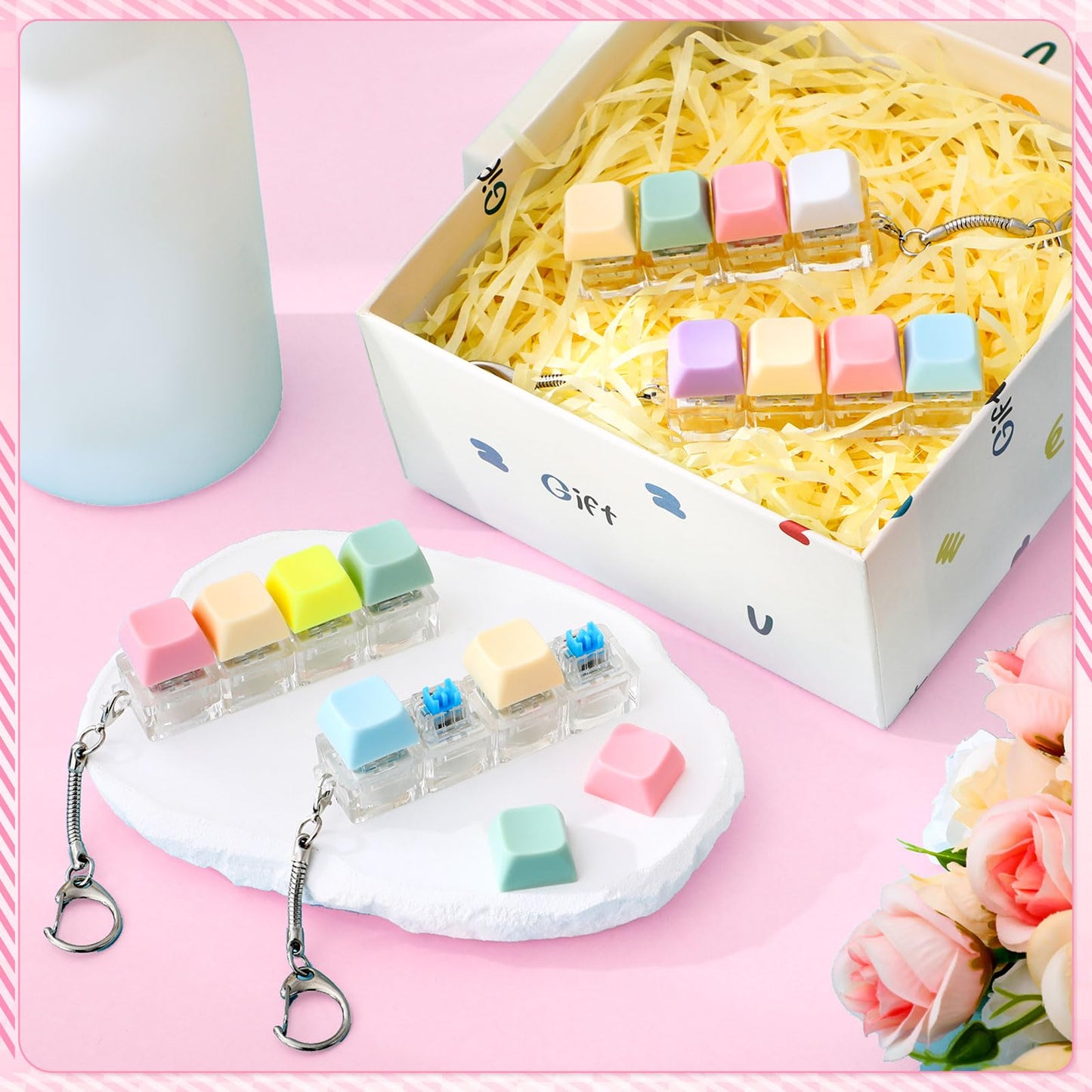 Halloscume 4 Pcs Keyboard mature-themed Fidget Toy Clicker Toy 4-in-1 Keyboard Fidget Keychain Cube Mechanical Key Button Clicker Stress Relief Gift for Office School Home to Pass The Time (Pastel Colors)