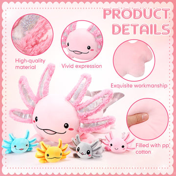 Aoriher 5 Pcs Axolotl Plush Set 24 Inch Mommy Axolotl Stuffed Animal With 4 Cute Plush Babies In Belly Soft Cuddly Plushie For Kids Sleeping Birthday Graduation Gift Party Favors(Pink)
