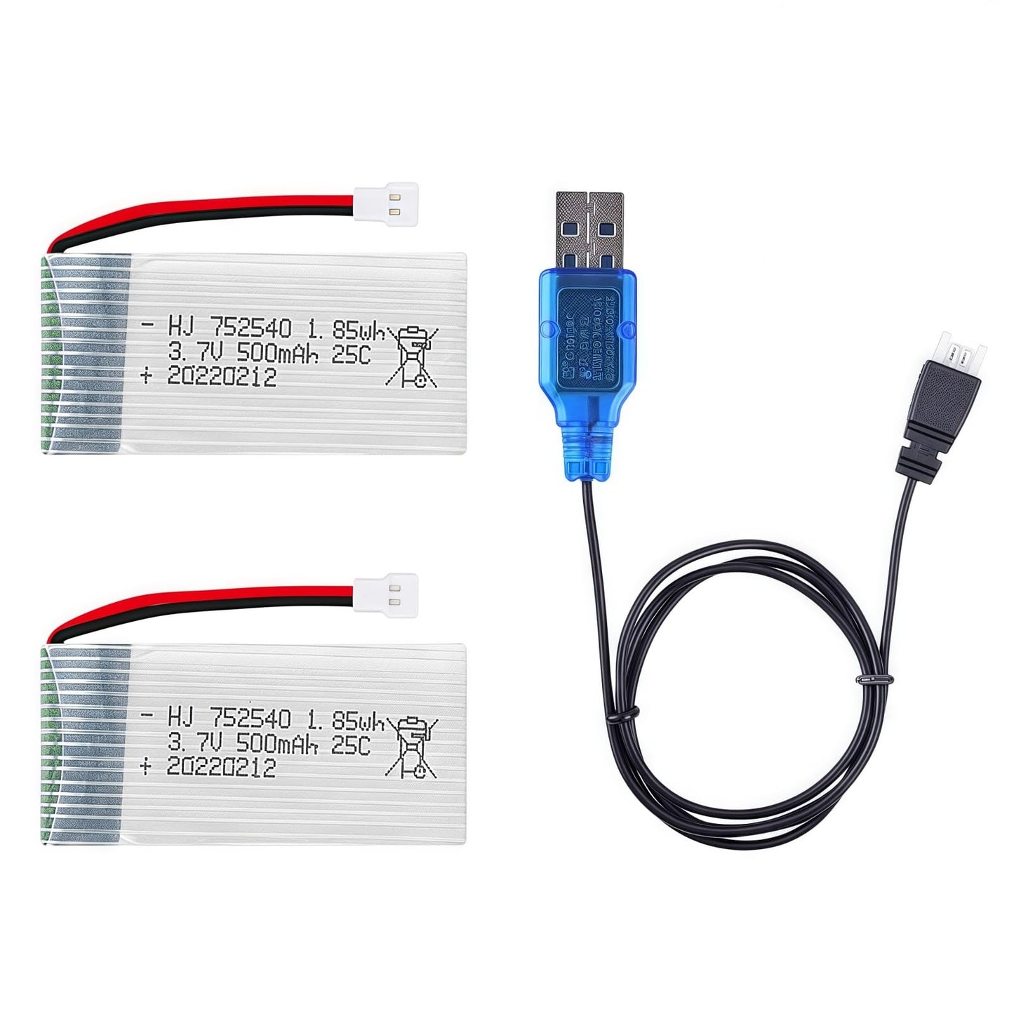 2 Pcs 3.7V 500Mah 25C 752040 Rechargeable Lipo Battery With Usb Charger For Syma X5C Cheerson Cx30 Skytech M68 Bbs 868 Quadcopte