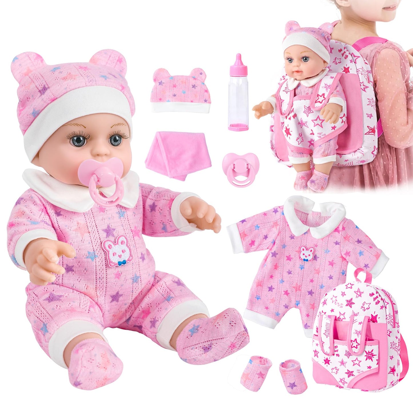 BDDOLL 12 Baby Doll in Gift Box with Pink Backpack, Cloths, Feeding Bottle and Pacifier, First Baby Dolls for Toddlers 3 Years a