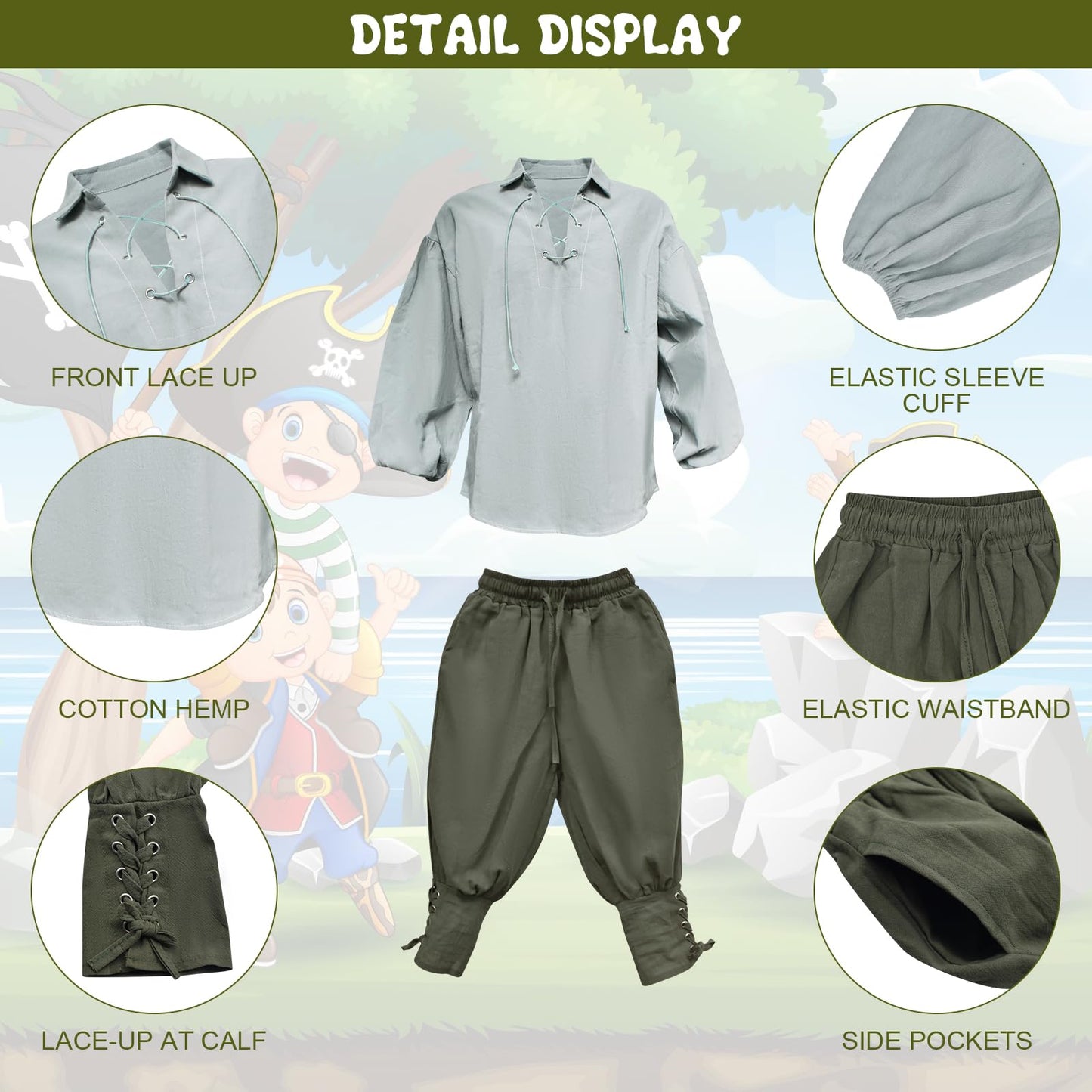 Prebene Boys Medieval Pirate Set Shirt & Ankle Pants Kids Renaissance Halloween Costume Scottish Jacobite Tops and Trousers (Gre