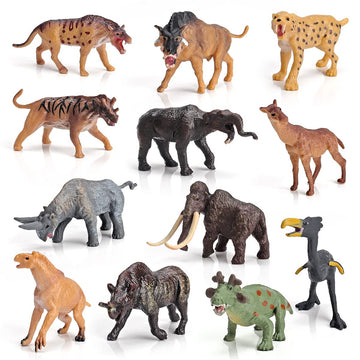 Bretoyin Mini Prehistoric Mammals Animals Toys Set 12Pcs Animal Figures Wildlife Figurines Woolly Mammoth Saber-Toothed Tiger Mo