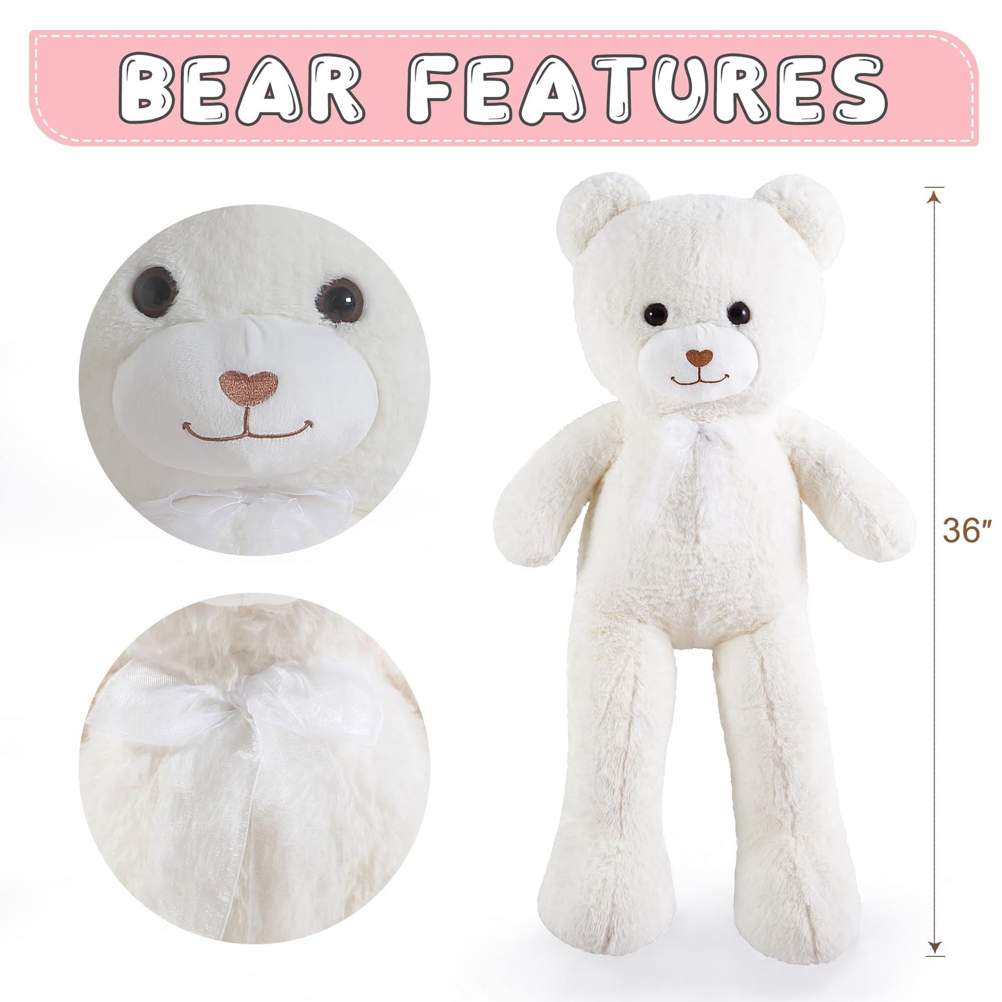 Zgxiong Big Teddy Bear 3 Feet Giant Stuffed Animal White Large Teddy Bear Stuffed Animals Huge Stuffed Bear Plush Toy For Girlfr