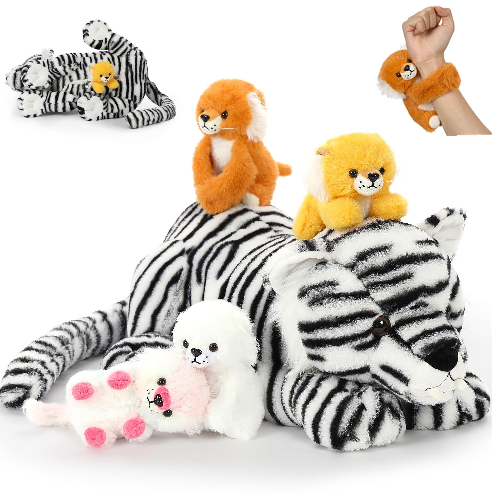 Tezituor 5 Pcs Tiger Stuffed Animals Set  20 Inch Large Mommy Stuffed Tiger Plush with 4 Babies Toy  White Tiger Plush Pillow Gift for Girls Boys