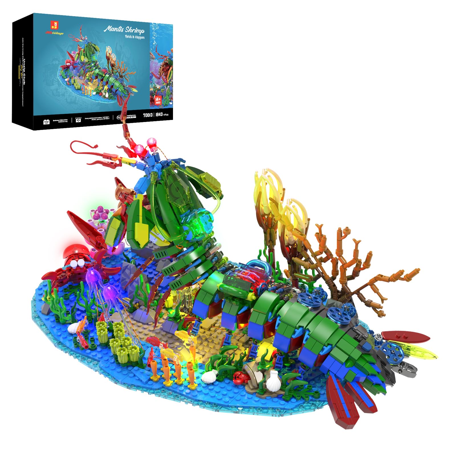 JMBricklayer Mechanical Mantis Shrimp Building Blocks Set with LED Lights Sea Creatures Ocean Animal Model Building Toys with Je