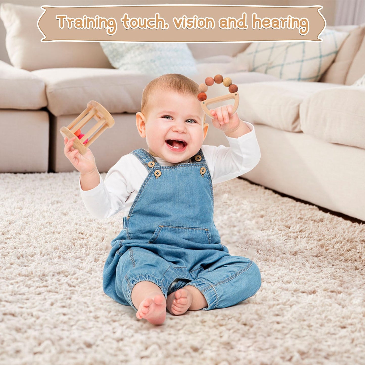 8 Pieces Montessori Baby Wooden Toys For 0-6-12 Months Babies, Wood Rattles And Teethers Toy Set With Bells For Newborn Infant B