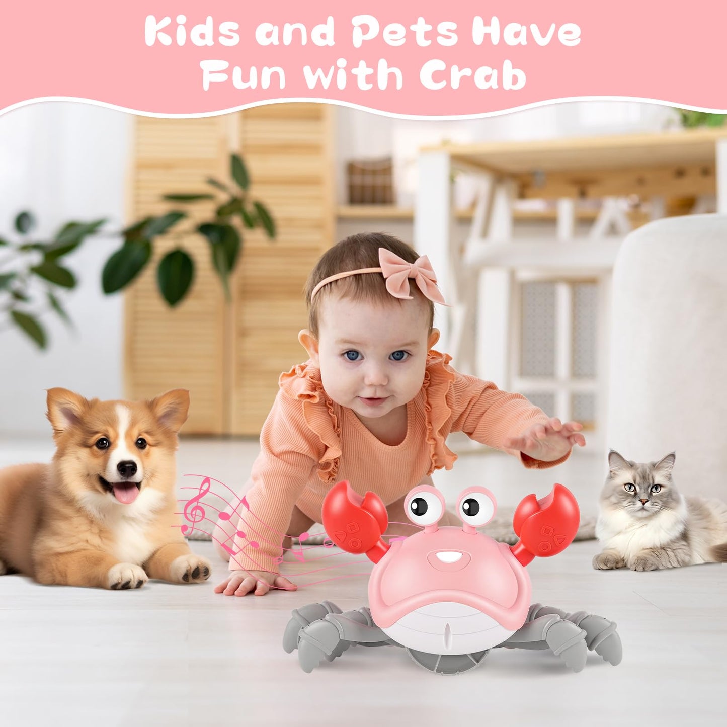 Crawling Crab Baby Girl Toys 3.0, Upgraded Tummy Time Baby Toys 6-12 12-18 Month Toddler Valentines Day Gifts, Walking Dancing Crab With Music&Speed Control For 2 3 4 5 6 7 8 9 10+Girls Birthday Gifts