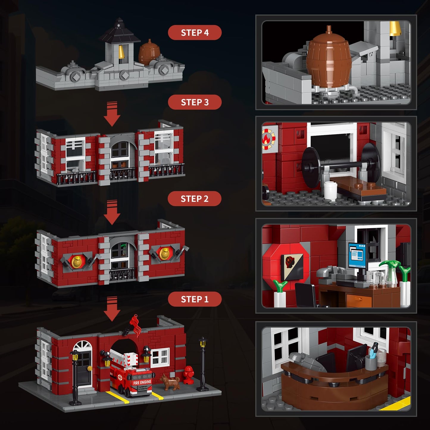 HSANHE City Fire Rescue Building Set, 1823 PCS, Small, Red, Compatible with Lego