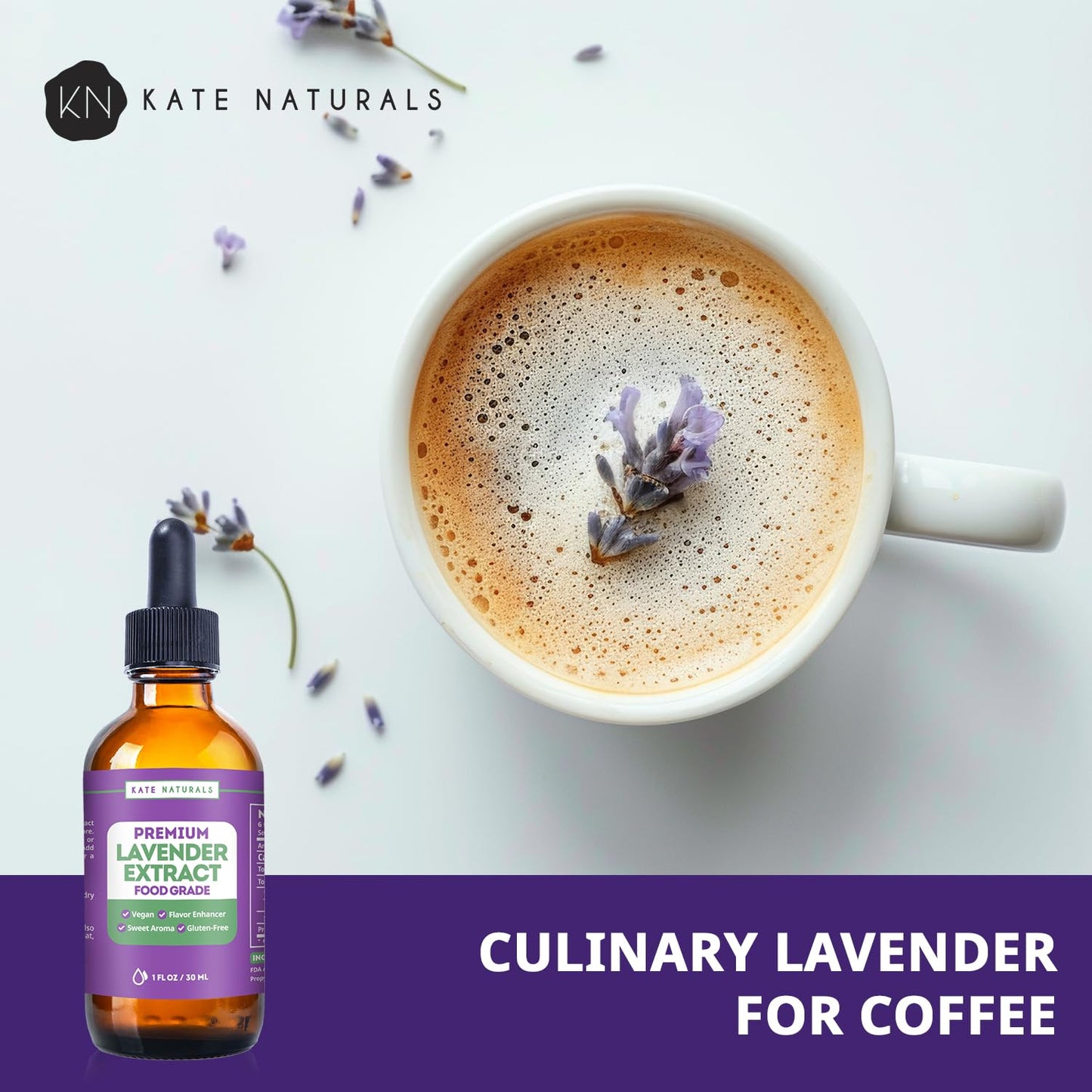 Kate Naturals Lavender Extract - 1oz Vegan Flavoring for Baking & Drinks, Gluten-Free Culinary Lavender Oil