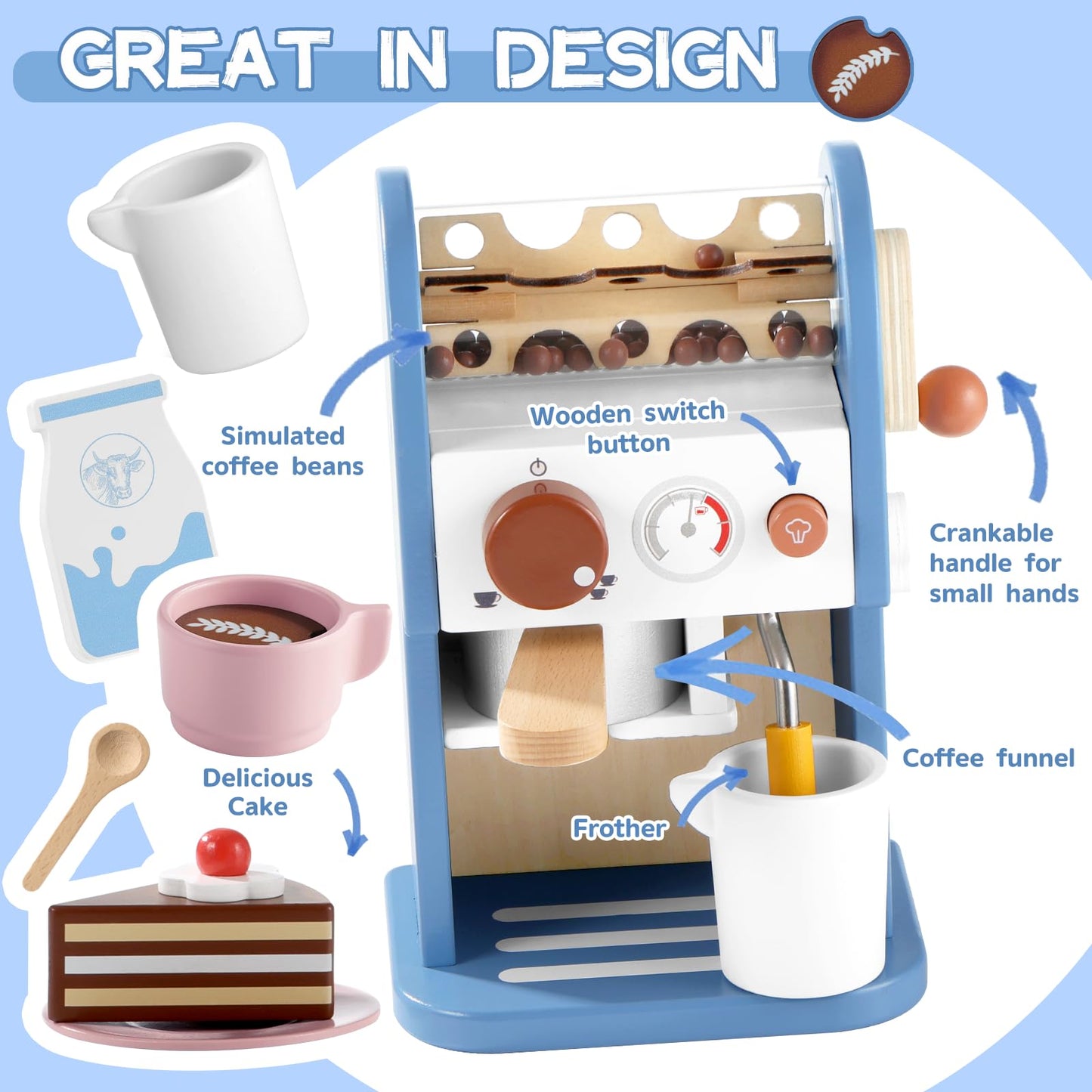 GAGAKU Wooden Coffee Machine Toy Set - 15 Pcs Non-Toxic Kitchen Accessories for Kids, Blue, Model G06CM2402, Ages 3+