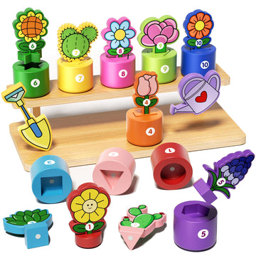 GJZZ Wooden Pretend Play Flower Garden Set with Stand - Montessori Shape and Color Sorting Toys for 2 3 Year Old Girls Boys Birthday Gifts  Number Cognition for Toddler Kids  Fine Motor Skills