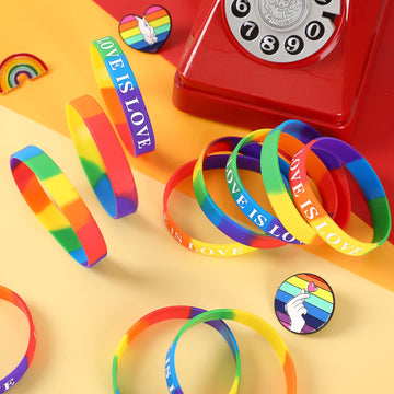 JUNEBRUSHS 42pcs Gay Pride Silicone Bracelets LGBT Sports Rubber Wristbands Accessories for Parades Decorations Party Favors