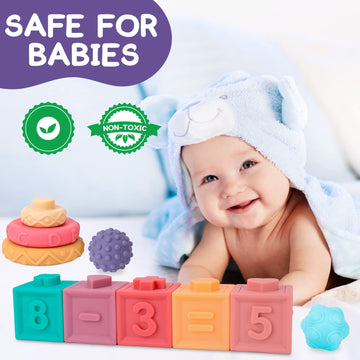 Umyqaq Baby Toys 6-12 Months, 3 In 1 Montessori Toys For Babies 6-12 Months, Incl Stacking Building Blocks & Soft Infant Teethin