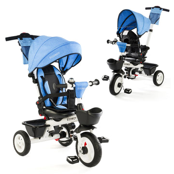 EOOWOY Baby Trike, 6-in-1 Kids Tricycle with Adjustable Push Handle, Removable Canopy, Safety Harness for 18 Months - 5 Year Old