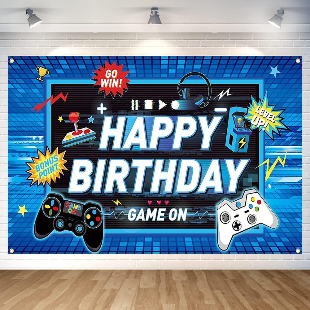 Game Happy Birthday Backdrop Decorations Blue Game Happy Birthday Banner Level Up Gaming Birthday Photo Background For Home Indo