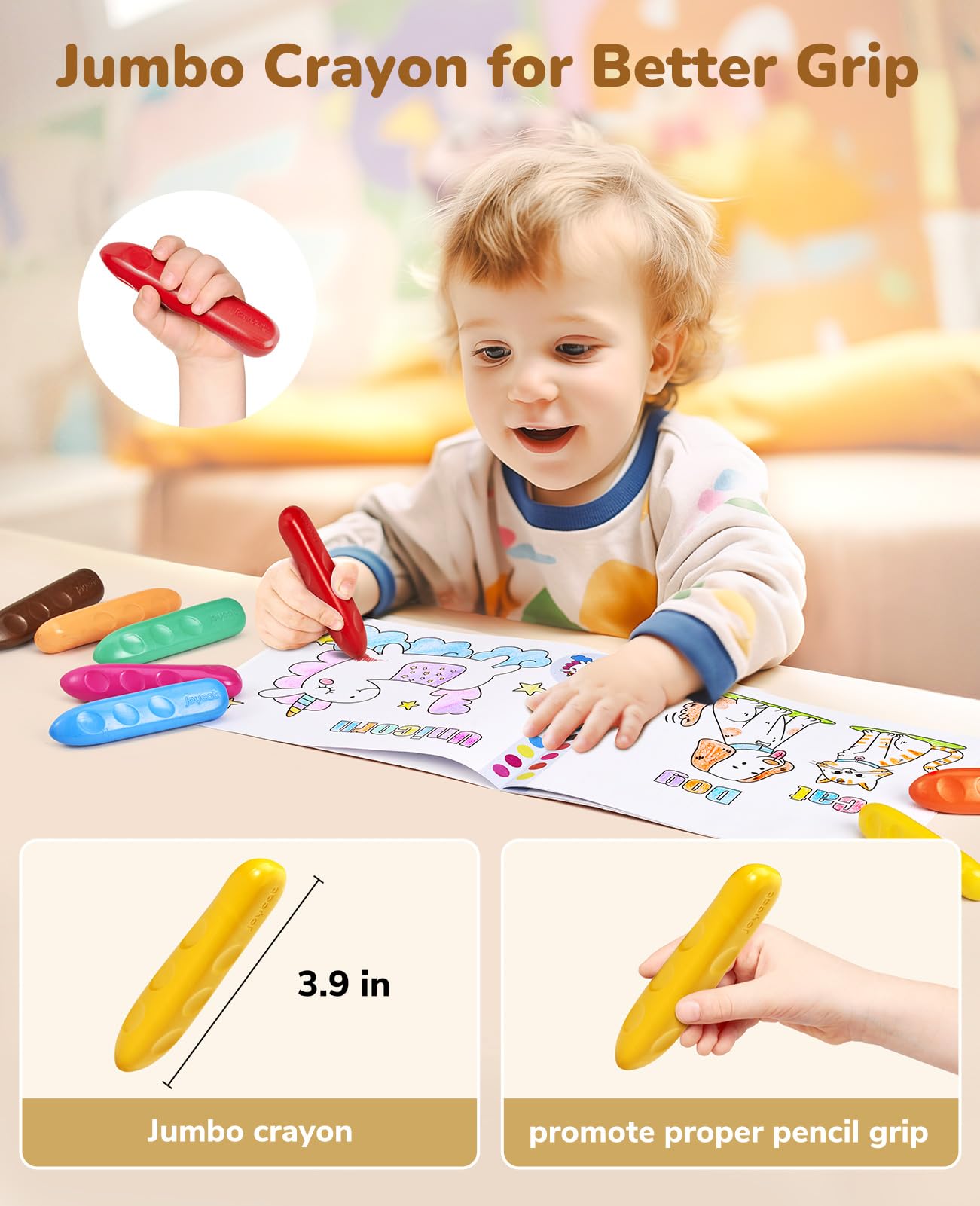 Joycat 16 Colors Jumbo Crayons For Toddlers 1-3 4 5 6 Year Old Kid,Easy-Grip,Unbreakable,Non-Toxic,Washable,Big,Triangular Toddler Crayons With Coloring Activity Paper,Ideal For Kids With Art Supplies