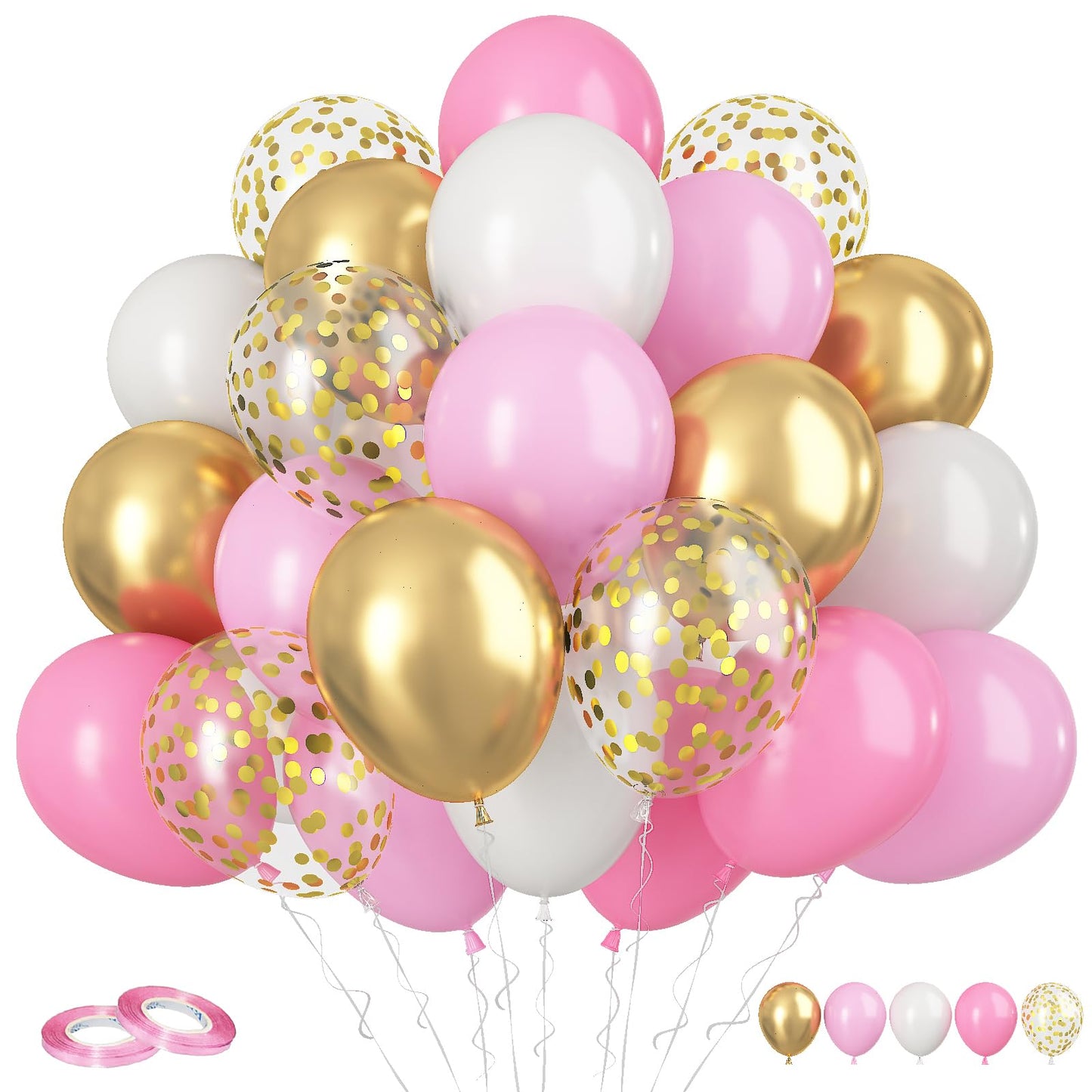 Funhot Pink And Gold Balloons, 60Pcs Retro Pink White Balloons, 12 Inch Metallic Gold Confetti Balloons Helium Light Pink Latex