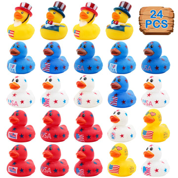 4th of July Rubber Ducks for Jeeps Ducking 24PCS Bulk Fourth of July Party Favors for Kids Bath Toys Pool Floater Patriotic Blue White Red Ducks Independence Day Gifts Boys Girls Baby Showers Favors
