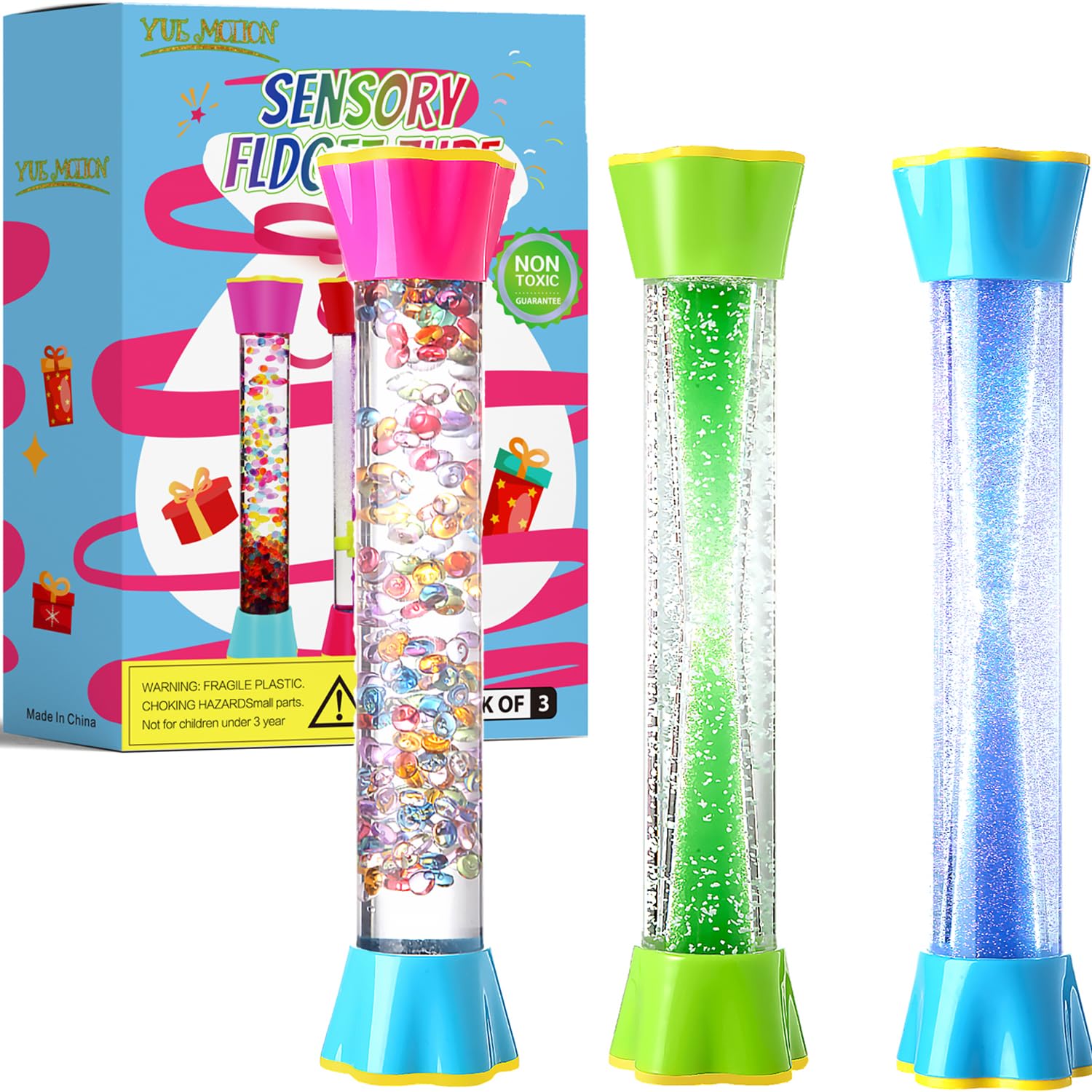 Cucue Sensory Fidget Tubes Set - Calming Toys For Kids - With Glitter Bottle, Gravity Spinner, Bubble Drop Spiral Hourglass - Pr