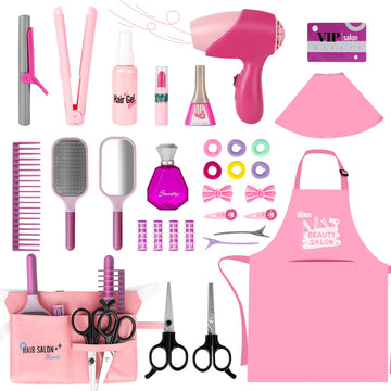 deAO Girls Beauty Salon Set, 32PCS Kids Beauty Salon Toy Kit,Pretend Play Hair Stylist Toy Kit with Hairdryer, Barber Costume Ap