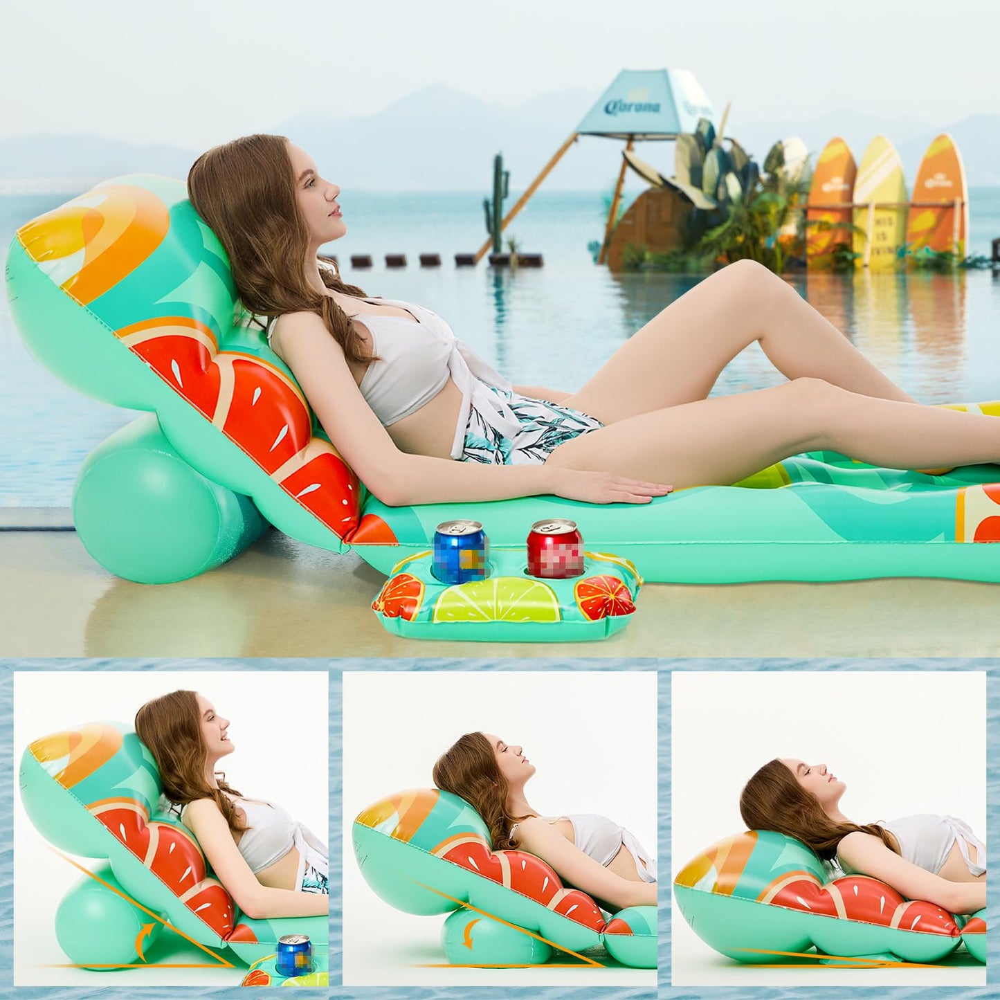 Jasonwell Inflatable Pool Float mature-themed - Pool Floaties Lounger Floats Floating Chair Raft with Adjustable Backrest Cup Holders Water Floaty Lake Lounge Tanning Floats Beach Party Toys for mature-themeds Fruit